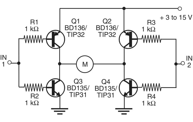 Circuito ponte H com 4 transistores para controle bidirecional